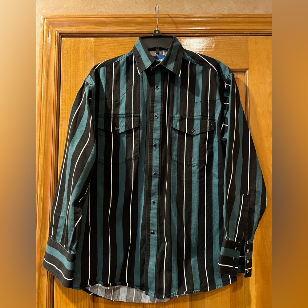Wrangler green & black vertical stripe pearl snap button down western shirt